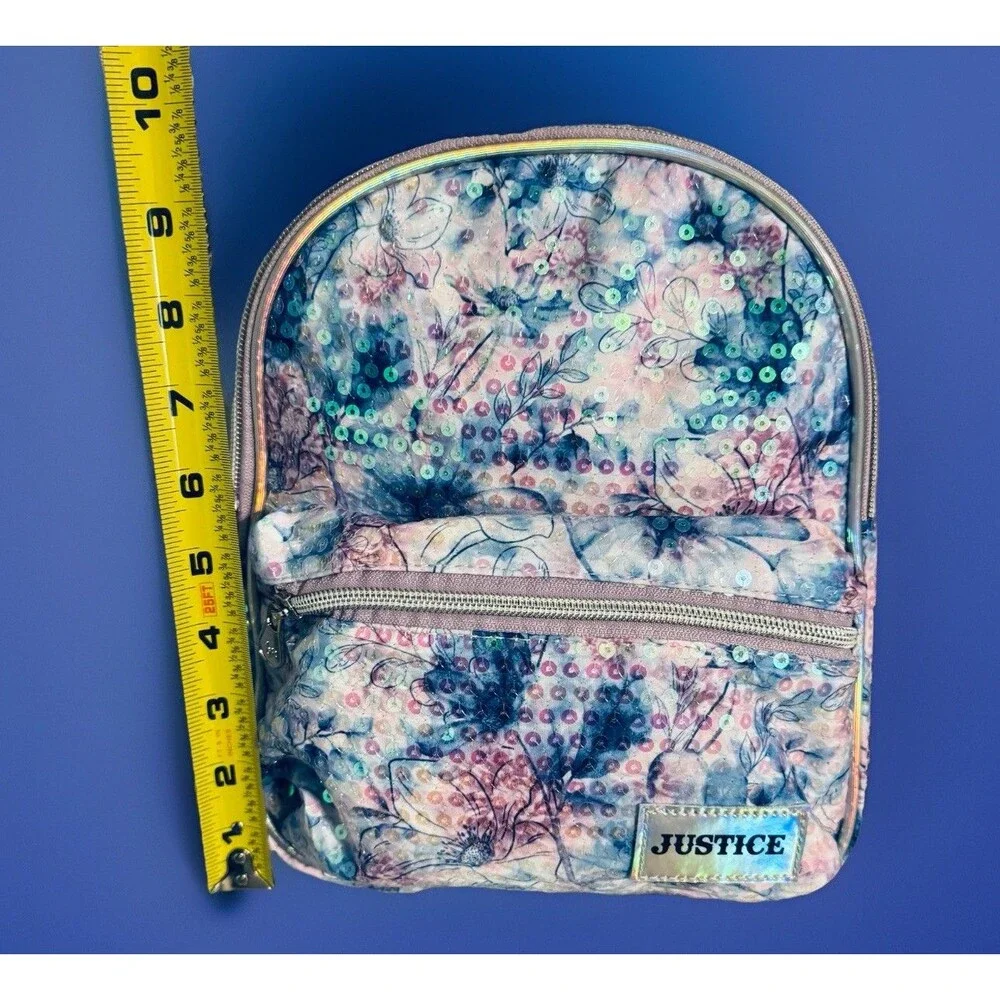 New Justice sequined Blue & Purple floral mini backpack Bag Purse Straps Zip